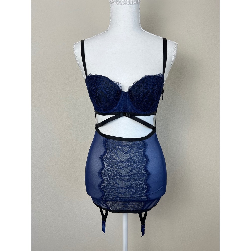 Victoria's Secret 34B Navy Blue Lace Mesh Bustier Garter Slip Babydoll Lingerie